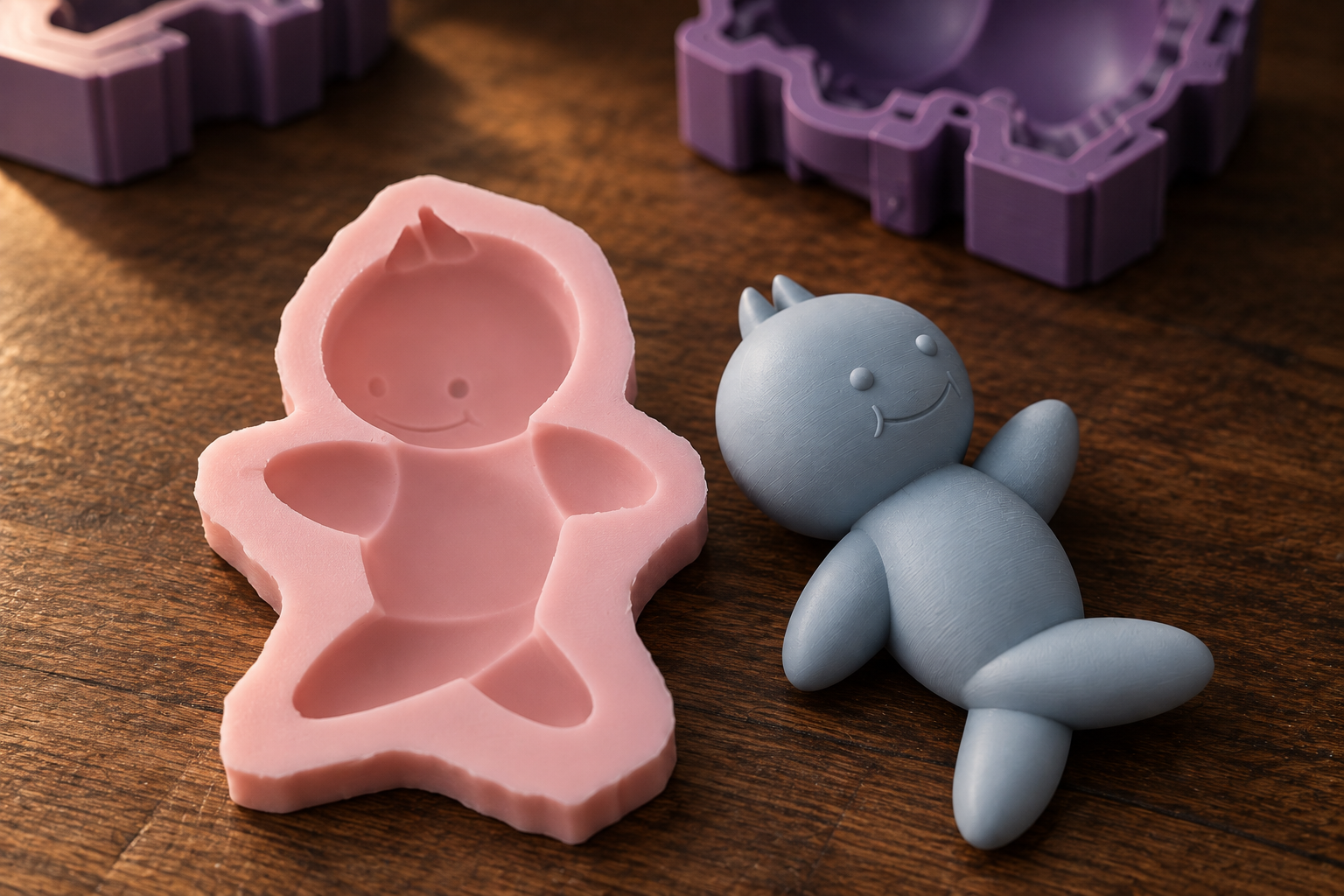Illustration d’un moule rose en silicone et d’une figurine bleue issue du même motif